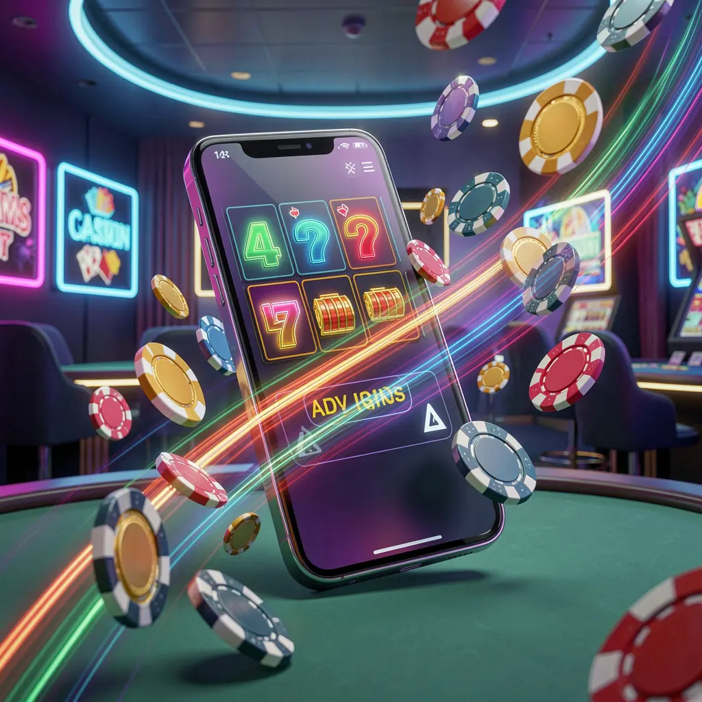 TK576 fast casino app access visual showing a smartphone with speed light trails and coins and chips flying around against a modern neon casino background in a dynamic 3D render