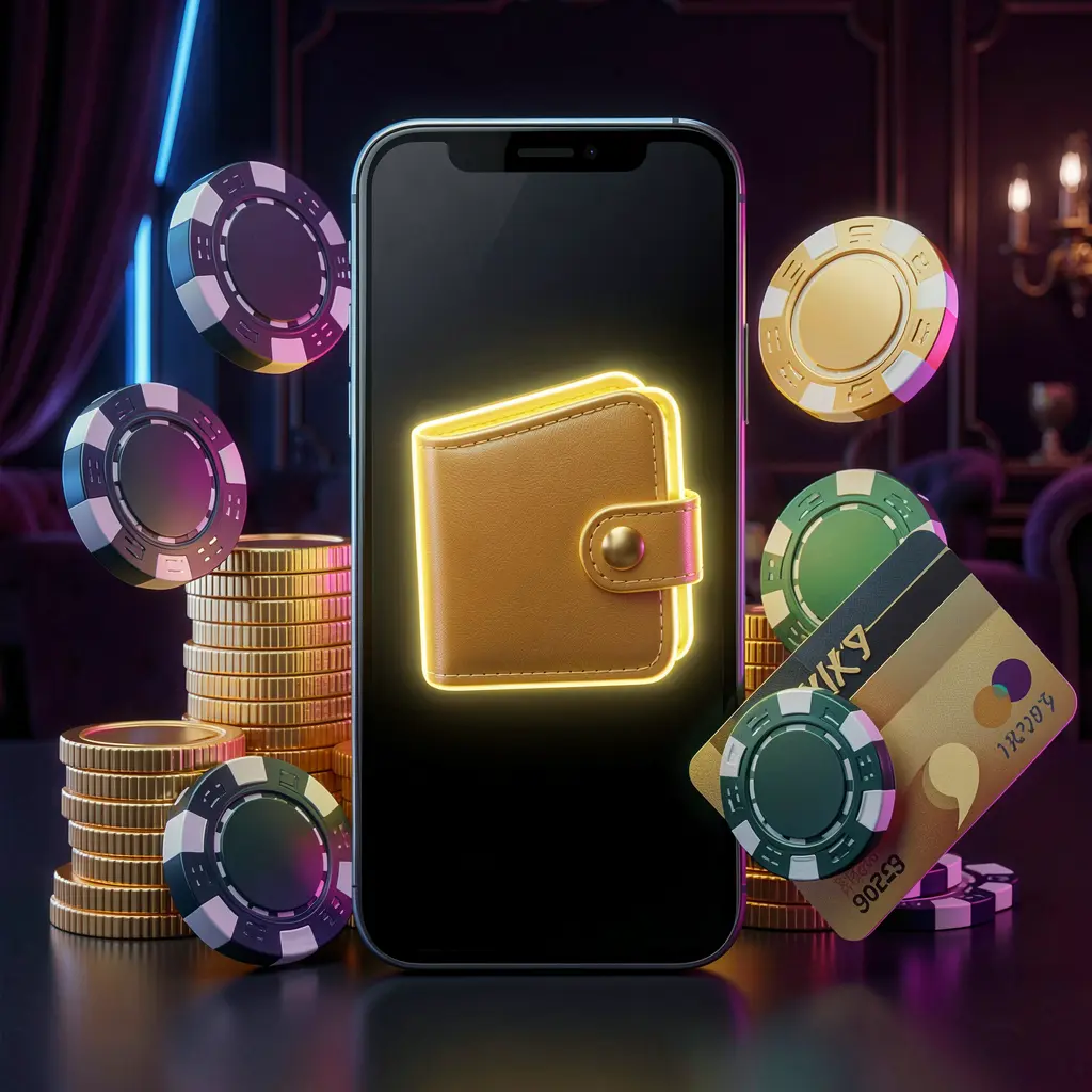 TK576 online casino deposit bonus concept featuring a smartphone screen with a glowing wallet icon surrounded by stacks of golden coins, poker chips, and bank cards on a dark luxury background with neon highlights in a realistic 3D style