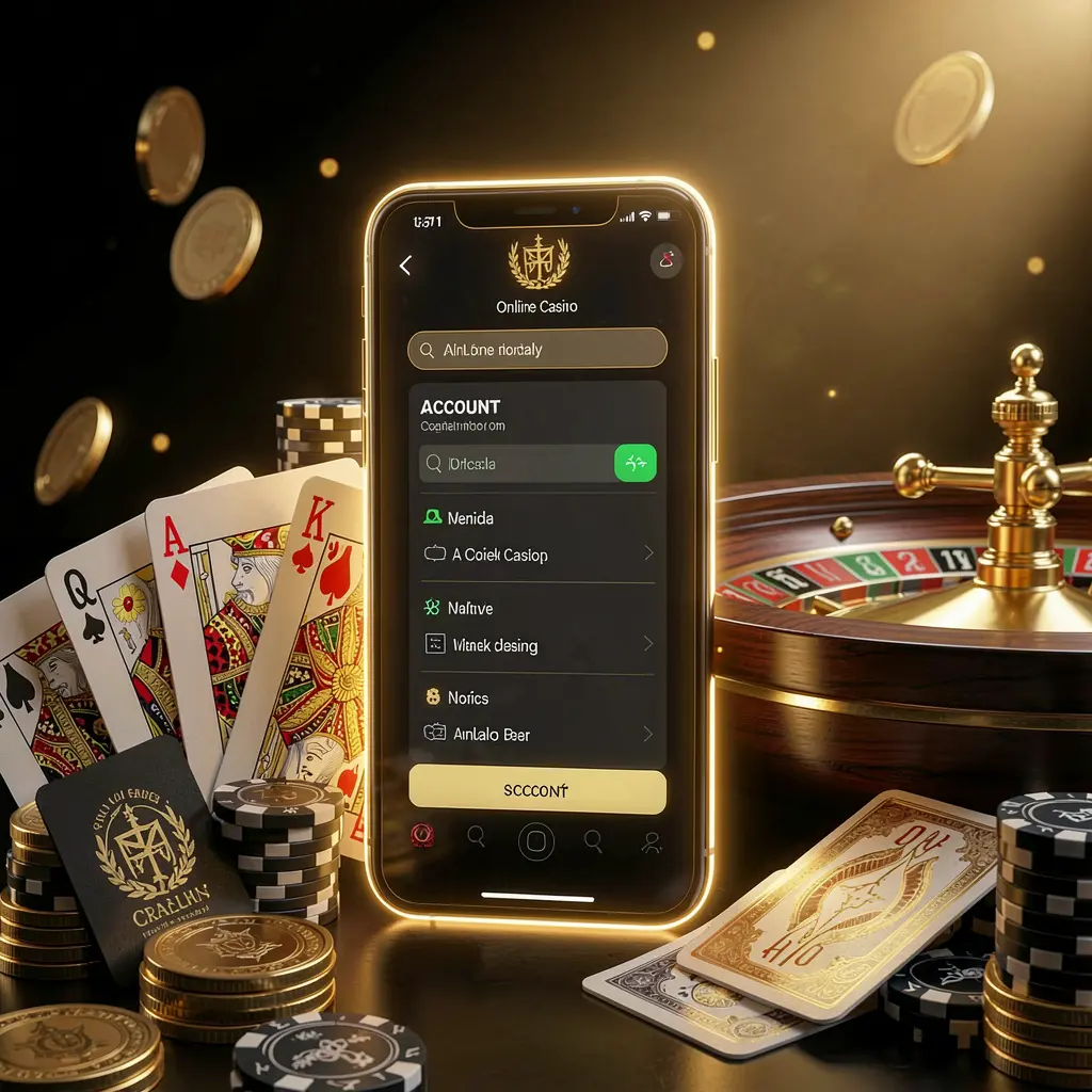 TK576 online casino account portal visual featuring a glowing smartphone, premium cards, chips, roulette wheel, and coins on a black and gold background with cinematic lighting in a realistic 3D render