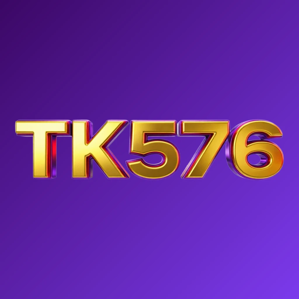 Bright premium TK576 logo with thick uppercase typography in vivid gold, red, and purple colors, featuring a polished metallic finish and strong visual impact on a transparent background, designed as a horizontal rectangular wordmark for website headers.