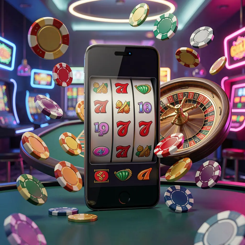 TK576 casino entertainment homepage concept featuring a modern mobile phone surrounded by slot symbols, roulette wheel, chips, and coins floating against a neon casino background in a premium 3D render